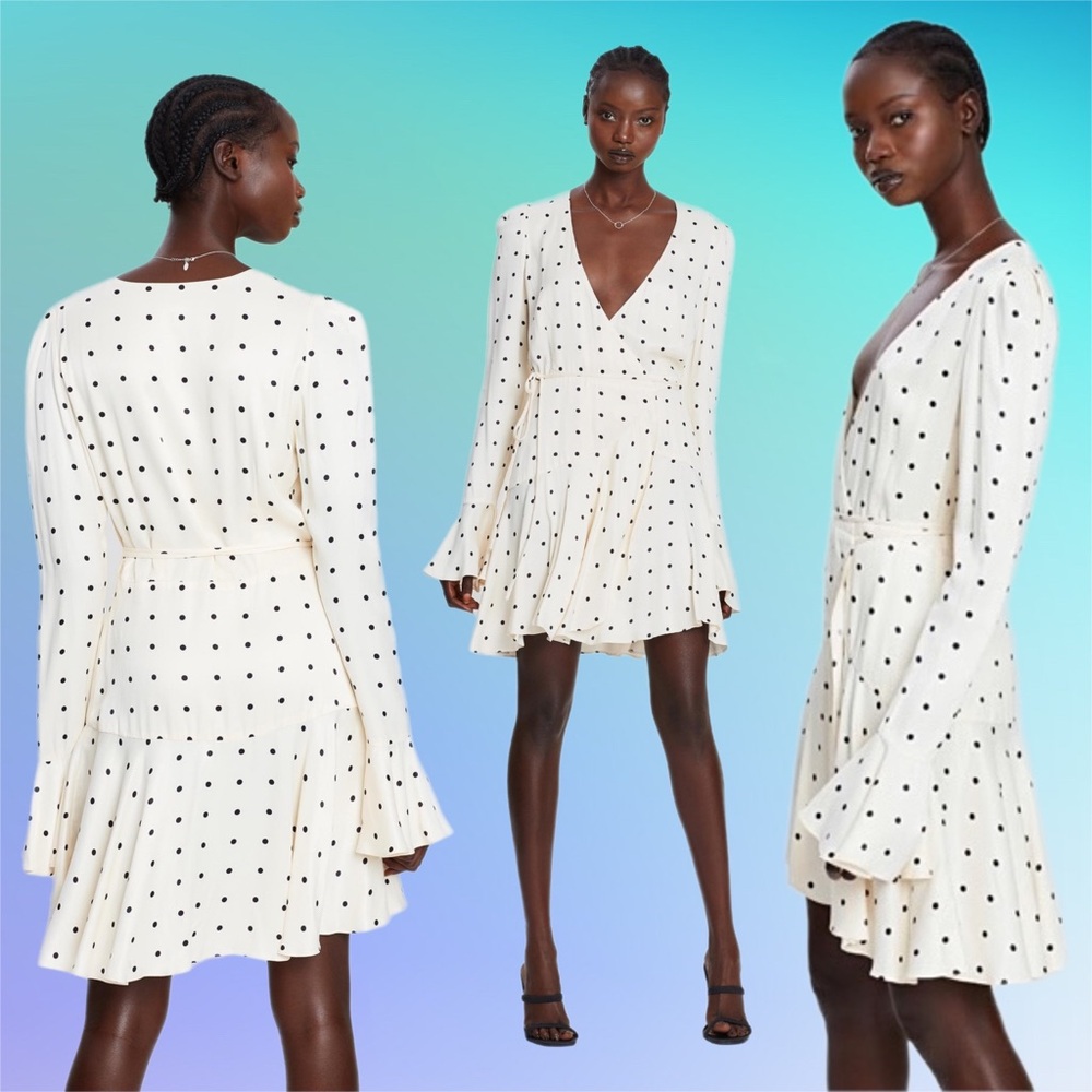 shona joy • o’dell frill cuff wrap mini dress in bone/black aus 8/us 4